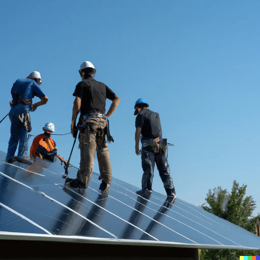 A team of solar installers working diligently to install solar panels on a residential rooftop, representing the efficient timeline for solar panel installation.